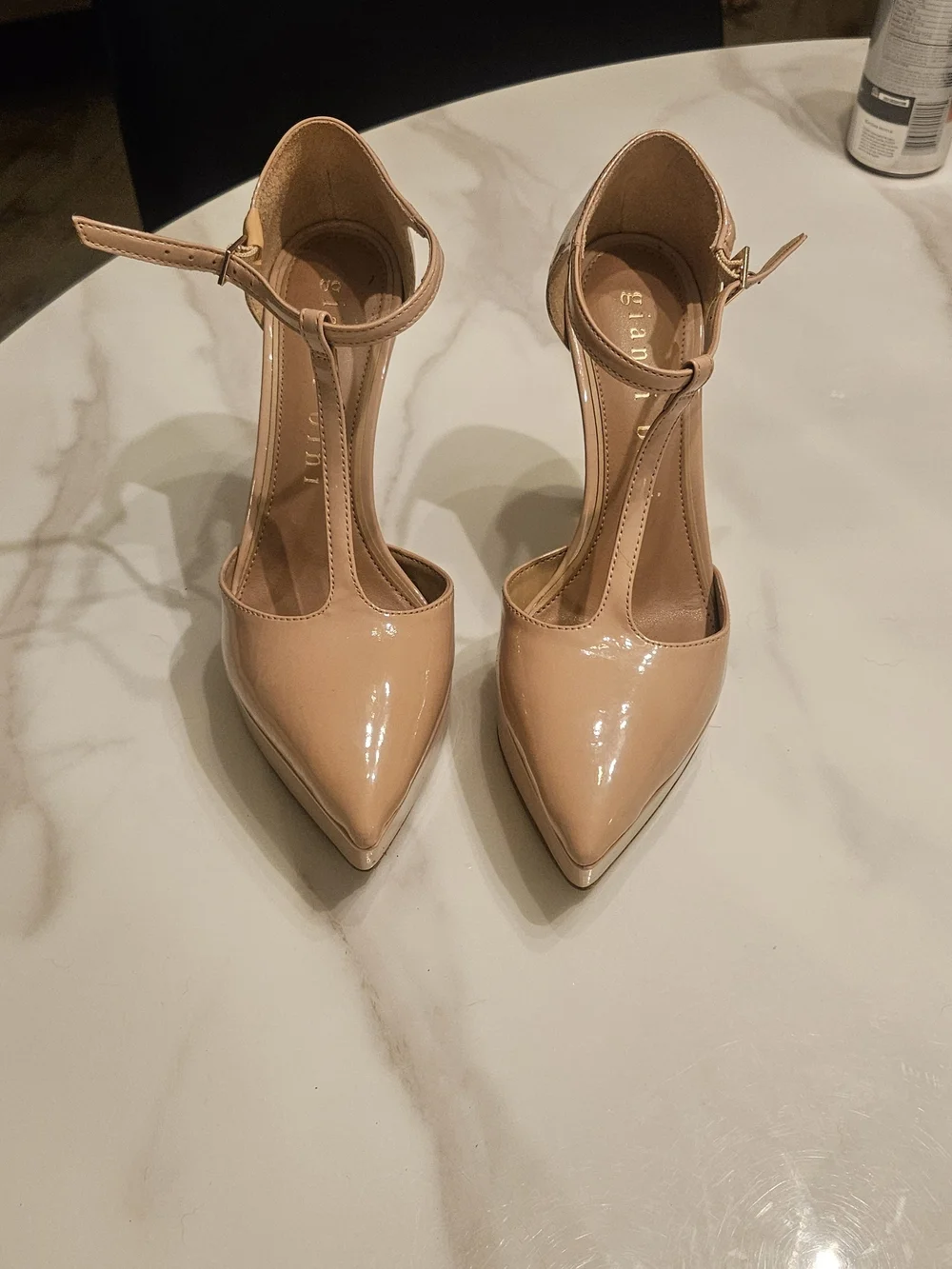 Gianni Bini Patent Nude T-Strap Platform Pumps